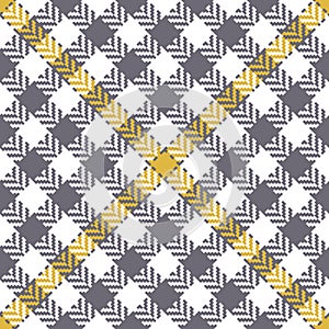 Abstract pattern for textile design in grey, gold yellow, white. Seamless herringbone textured glen tweed check plaid graphic.