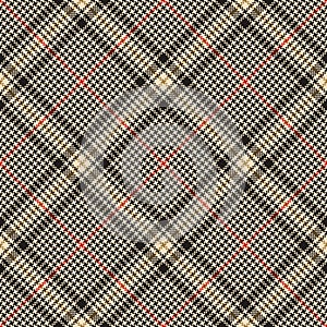 Abstract pattern tweed in black, gold, beige, red. Seamless pixel glen check plaid background graphic for jacket, coat, skirt.