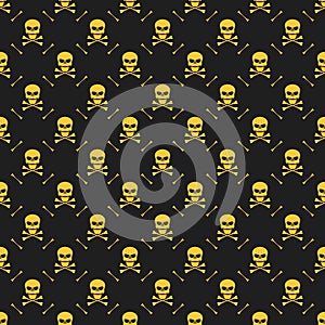 Abstract pattern. Yellow skulls on a black background. Death in the dark. Crossbones. Vector illustration in a flat style