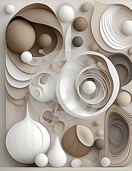 abstract patterns, organic shapes, movement effects, light and dark brown tones, beige, white and light gray illustrations