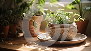 Abstract Patterns on Pottery Wheel Amidst Lush Greenery