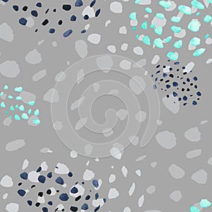 Abstract patterns. White, blue and cyan irregular brush watercolor stains on gray background. Abstract print of the skin of wild a