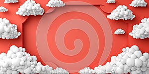 Abstract Peachy Background With White Clouds Fly Out Of The Geometric Frame, Optical Illusion - A Red Frame With White Clouds