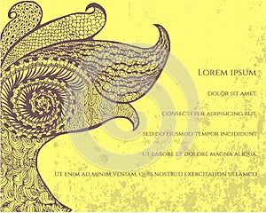 Abstract peacock on yellow background, postcard