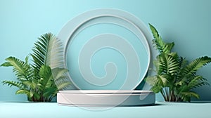 Abstract pedestal podium display with Tropical leaves and Blue pastel plant scene. Generative AI