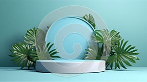 Abstract pedestal podium display with Tropical leaves and Blue pastel plant scene. Generative AI