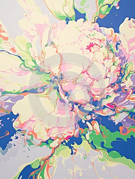 Abstract peony. Expressive artwork of flower. Colorful paint stains. Floral gouache or acrylic painting. Explosion and