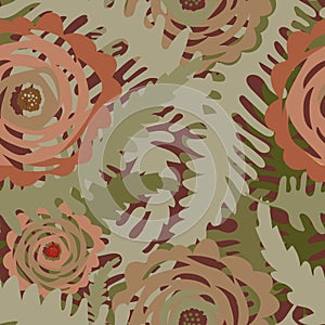 Abstract peony flower and leaves seamless vector pattern background. Earthy color backdrop with overlapping flowers
