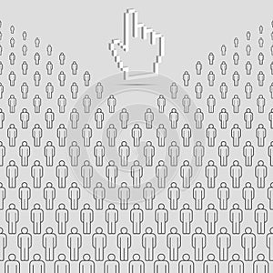 Abstract People Background and 3D Hand Cursor. Grey Vector People Crowd Made of Simple Line Icons