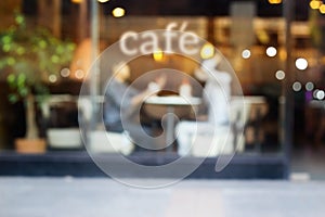 Abstract people in coffee shop and text cafe in front of mirror, soft and blur concept