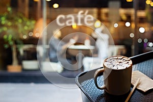 Abstract people in coffee shop and text cafe in front of mirror, soft focus