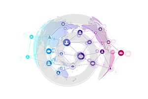 Abstract people connection technology concept with dotted world globe. Global business concept and internet technology