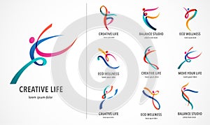 Abstract people logo design. Gym, fitness, running trainer vector colorful logo. Active Fitness, sport, dance web icon