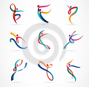 Abstract people logo design. Gym, fitness, running trainer vector colorful logo. Active Fitness, sport, dance web icon