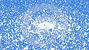 Abstract person in red is standing in the meddle of a blue crowd