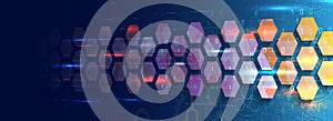 Abstract perspective wide technology background with hexagons and gear wheels. Hi-tech modern vector illustration. 3d Futuristic
