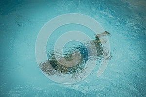 Abstract photo lifestyle, nature background. Unrecognizable person body deep under water, look at surface. Mystery mood