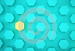 Abstract photo of ourstanding yellow beehive-like hexagons among blue hexagons on blue background. minimal business concept