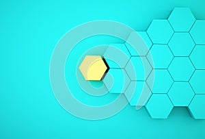 Abstract photo of ourstanding yellow beehive-like hexagons among blue hexagons on blue background. minimal business concept