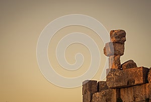 Abstract photo of stones stacked in the Temple of Bacchus in Baalbek Lebanon