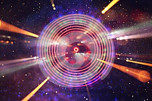 Abstract photography of lens flare. concept image of space or time travel background over dark colors and bright lights