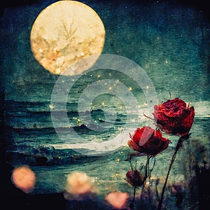 abstract picture of beautiful red roses at full moon, sea scenery.
