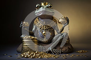 Abstract picture of the Chinese Feng Shui lucky money frog with coin. Generative AI. Wellness and rich concept