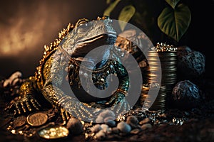 Abstract picture of the Chinese Feng Shui lucky money frog with coin. Generative AI. Wellness and rich concept