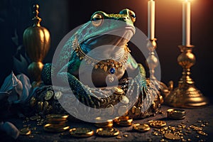 Abstract picture of the Chinese Feng Shui lucky money frog with coin. Generative AI. Wellness and rich concept