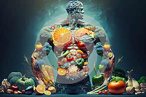 abstract picture of a pumped-up man made up of fruits, vegetables, citrus fruits
