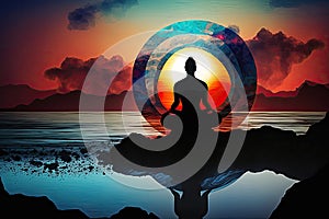 abstract picture of a yogi sitting in a lotus position facing the sunset at the water's edge and the outlines of