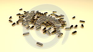 Abstract pile of objects that look like golden pills or bullets. 3D reneder.