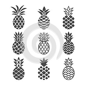 Abstract pineapple icons set in white and black color.