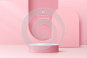 Abstract pink 3D room with realistic pink and white cylinder pedestal podium, Vertical texture in arch shape. Pastel minimal scene