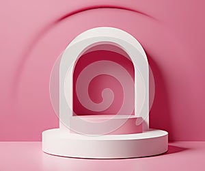 Abstract pink 3D room with realistic pink and white cylinder pedestal podium, Vertical texture in arch shape. Pastel minimal scene