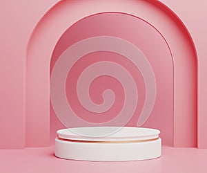 Abstract pink 3D room with realistic pink and white cylinder pedestal podium, Vertical texture in arch shape. Pastel minimal scene