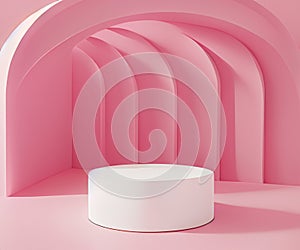 Abstract pink 3D room with realistic pink and white cylinder pedestal podium, Vertical texture in arch shape. Pastel minimal scene