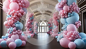 Abstract pink balloon decoration levitates indoors, creating a joyful celebration generated by AI