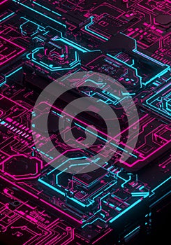 Abstract Pink and Blue Glowing Circuit Board