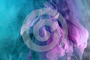Abstract pink and blue and green color background. Swirling vibrant hookah smoke, dynamic paint in water