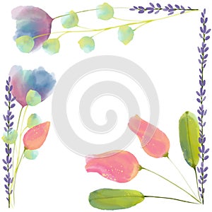 Abstract pink, blue and purple flowers, digital watercolor. Floral decoration