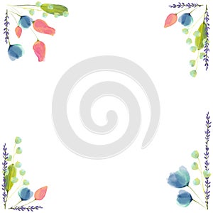 Abstract pink, blue and purple flowers, digital watercolor. Floral decoration