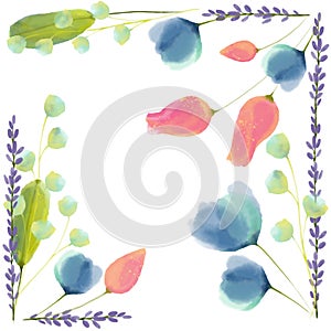 Abstract pink, blue and purple flowers, digital watercolor. Floral decoration