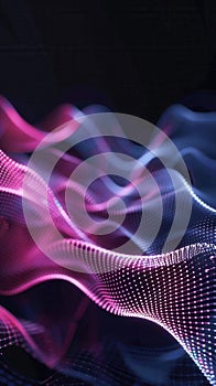 Abstract pink and blue wave of light particles on black background