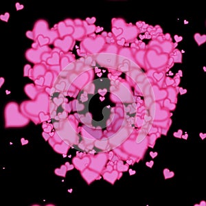 Abstract pink blurred overlapping hearts in heart shape isolated on black background
