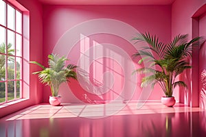 Abstract pink color gradient studio background for product presentation. Empty room with shadows of window and flowers and palm photo