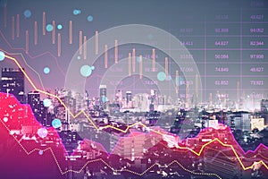 Abstract pink crisis business and forex chart on blurry toned city background with bokeh circles. Downward trend and financial