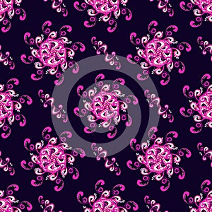 Abstract pink flowers on dark background seamless pattern vector illustration