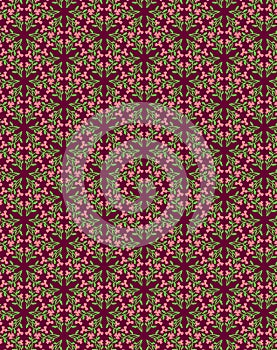 Cute floral pattern of pink flowers and green leaves isolated on a dark wine burgundy red background