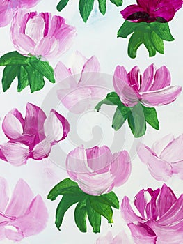 Abstract pink flowers, original hand drawn, impressionism style, color texture, brush strokes of paint, art background